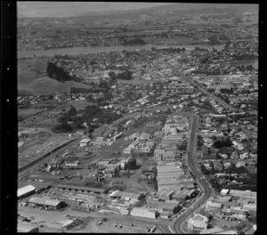 Unidentified factories in the Marua Road industrial area, Mt Wellington, Auckland, including Mt Wellington quarry and, in the distance, Tamaki River, Panmure, and Pakuranga