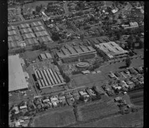 Unidentified factories and [storage?], Carbine Road industrial area, Mt Wellington, Auckland, also including tennis courts, commercial gardens, and residential housing