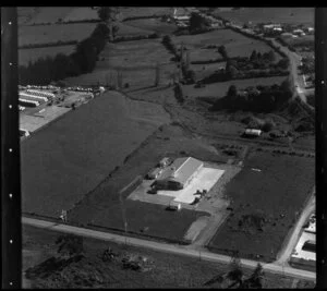 Unidentified factory [Pioneer?] in Manurewa-Papakura area, Auckland, including farmland