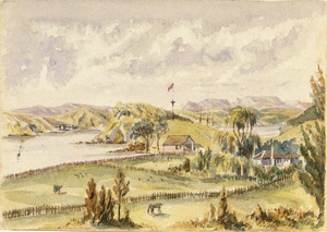 [Hutton, Thomas Biddulph] 1824-1886 :Sketch of Henry Williams house & premises from behind Horotutu Bay of Islands N[ew] Zealand March 1859