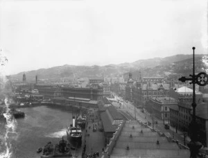 Looking down on Customhouse Quay, Wellington, with wharves to the left