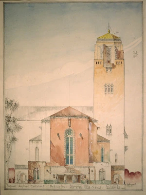 Wood, Cecil Walter, 1878-1947 :Proposed Wellington Cathedral. Hill Street. elevation. C. W. Wood, Architect,April 1941.