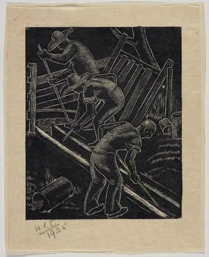 Cook, Hinehauone Coralie, 1904-1993 :[Sheep dipping, three men] / H.C.C., 1935.