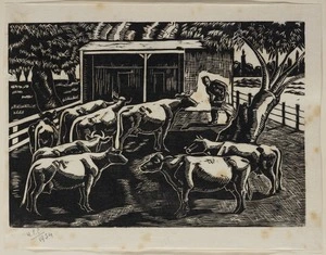 Cook, Hinehauone Coralie, 1904-1993 :[Cows & milking shed, at Hastings] / H.C.C., 1934.