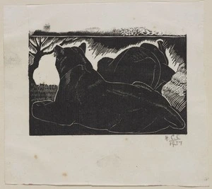 Cook, Hinehauone Coralie, 1904-1993 :[Two big cats, possibly lionesses] / H.C.C., 1937.