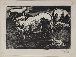 Cook, Hinehauone Coralie, 1904-1993 :[Ewes and lambs in the rain] / H.C.C 1937 [Two prints].