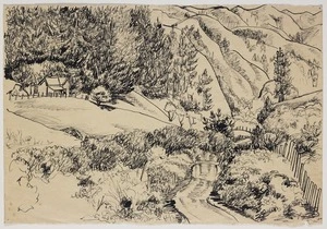 [Cook, Hinehauone Coralie], 1904-1993 :[The ford; house among hills and trees. 1938]