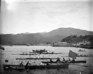 Oarsmen in sculls at the opening of the boating season in Nelson