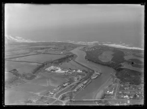 Patea, South Taranaki District, showing freezing works on the bank of the Patea River