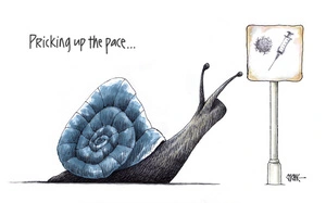 "Picking up the pace" - snail looking at COVID-19 vacine sign