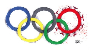 Tokyo Olympics - COVID-19 represented as the red ring on the Olympic flag