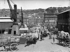 Horse drawn vehicles with cargo, Queen's Wharf, Wellington