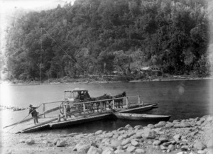 Horse drawn coach being ferried across the Buller River