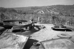 Looking along the turret of the first Tiger Tank to be knocked out by New Zealand tanks, during the advance to Florence
