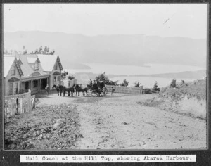 Mail coach at the Hill Top Hotel with Akaroa Harbour in the background