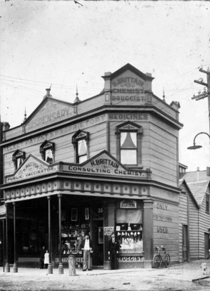 Brittains' Pharmacy, corner of Manners and Herbert Streets, Wellington