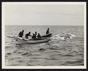 Side view of six men in wooden boat in pursuit of whale