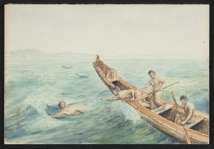 [Downes, Thomas William] 1868-1938 :[Whakaruatapu escapes from Te Rauparaha's canoe. 1938?]