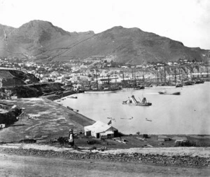 Creator uknown: Part 1 of a 2 part panorama depicting the Lyttelton harbour and wharves