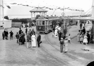 Groups alongside trams, Christchurch