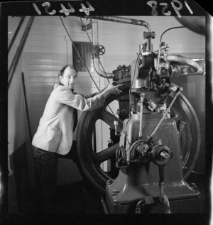 Pencarrow lighthouse keeper Mr R G Jones, maintaining the foghorn