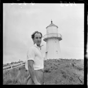 Pencarrow lighthouse keeper Mr R G Jones, in front of the lighthouse