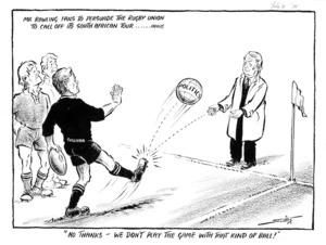 Scales, Sydney Ernest, 1916-2003 :No thanks - we don't play the game with that kind of ball! Otago Daily Times, 31 July 1975.