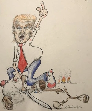 Trumpy with clown shoes and blood on his hands