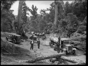 Kauri logs, truck and workers, North Auckland