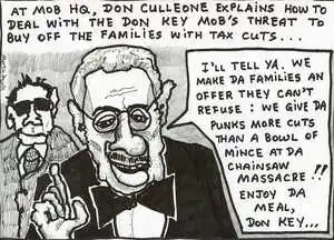 'At mob HQ, Don Culleone explains how to deal with the Don Key Mob's threat to buy off the families with the tax cuts...' "I'll tell ya. We make da families an offer they can't refuse - we give da punks more cuts than a bowl of mince at da Chainsaw Massacre!! Enjoy da meal, Don Key..." 17 March, 2008