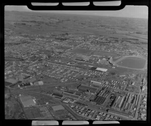 Addington Workshops and the saleyards, Christchurch, Canterbury Region, shows factories, suburban housing, and Racecourse