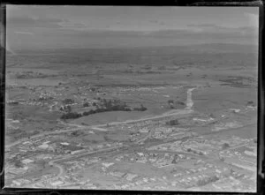 Fletchers work yard, Penrose, Auckland, with Panmure Basin in the background