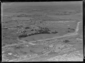 Fletchers work yard, Penrose, Auckland, with Panmure Basin in the background