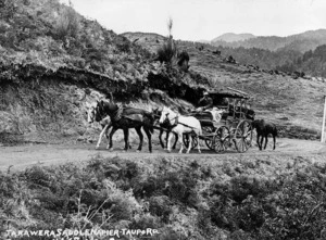 Horse drawn coach on the Tarawera Saddle, Napier Taupo Road