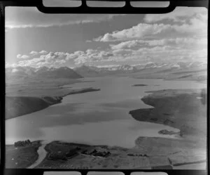 Lake Tekapo and mouth of the Tekapo River, Mackenzie District, Canterbury Region, including Southern Alps