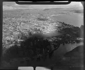 View of Taupo, including Waikato River and Lake Taupo, Waikato district region