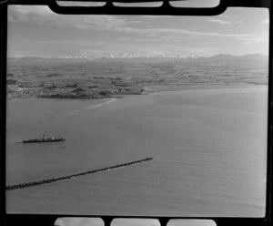 Timaru, South Canterbury, showing harbour and ship Mahia departing