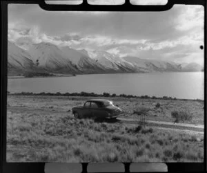 Chevrolet sedan car beside Lake Ohau, Waitaki County