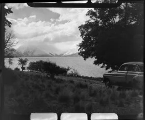 Chevrolet sedan car beside Lake Ohau, Waitaki County