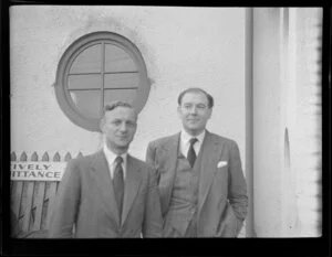 Mr A E Russell (left), chief designer Bristol Aeroplane Company, and Mr W Farnes, sales manager of Bristol Aeroplane Company, at the Tasman Empire Airway Limited base, Mechanics Bay, Auckland