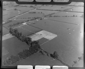 Leamington, Waikato District, close-up view of field mown with haystack, with tree windbreaks, fields with crops surround