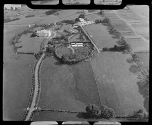 Glendowie, Auckland City, close-up view of Kerridge family home with tennis courts, ornamental gardens and greenhouses, surrounded by farmland, West Tamaki Road