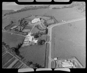 Glendowie, Auckland City, close-up view of Kerridge family home with tennis courts and ornamental gardens, West Tamaki Road and Torea Nature Reserve beyond