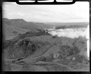 De Havilland Beaver aeroplane spraying fertilizer at Raetihi, Ruapehu district