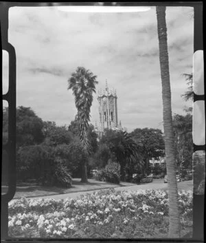 Albert Park, Auckland, with the view of the Auckland University clock tower building