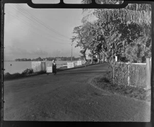 Road scene at Papeete, Tahiti, showing man on bicycle with cart