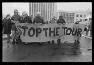 Protesters holding "Stop the Tour" banner, Palmerston North