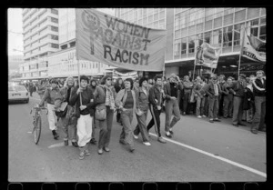 Protest march with "Women Against Racism" banner, Wellington