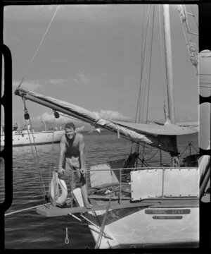 Papeete waterfront, Tahiti, showing skipper and boat Tropic Seas