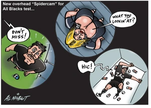 Nisbet, Alistair, 1958- :New overhead "Spidercam" for All Blacks test. 24 September 2011